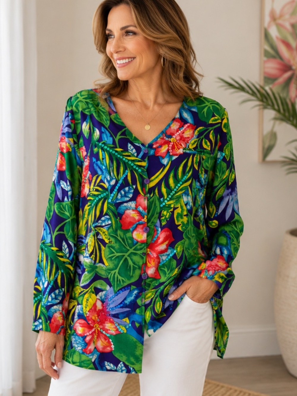 Diane Gilman Vintage 100% Silk Blue Green Tropical Sequin Blouse Top L
